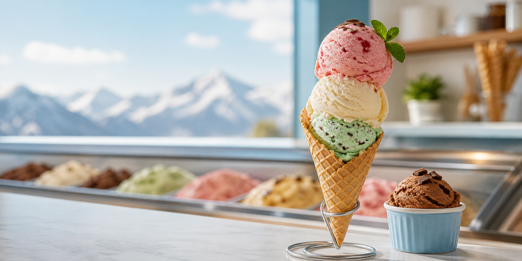Colorful ice cream scoops in a waffle cone on a bright shop counter